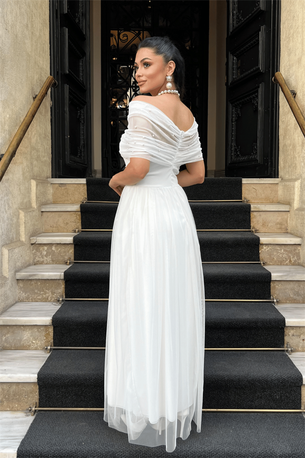 Tül Kumaş İnci Detaylı Midi Boy Elbise - BEYAZ