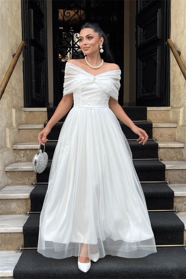 Tül Kumaş İnci Detaylı Midi Boy Elbise - BEYAZ