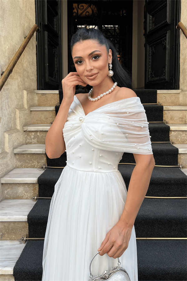 Tül Kumaş İnci Detaylı Midi Boy Elbise - BEYAZ