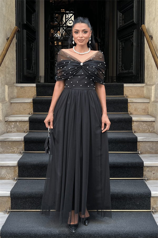 Tül Kumaş İnci Detaylı Midi Boy Elbise - SİYAH