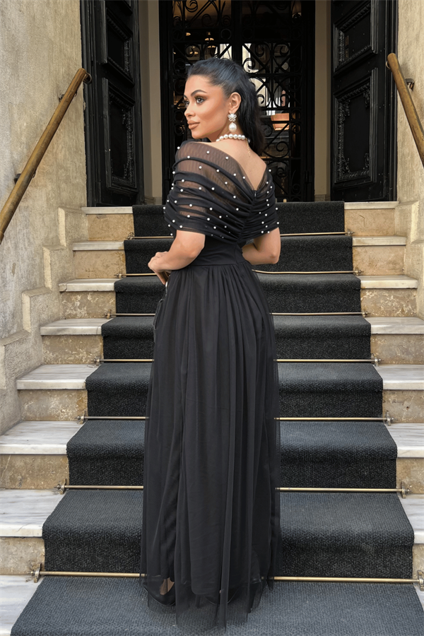 Tül Kumaş İnci Detaylı Midi Boy Elbise - SİYAH