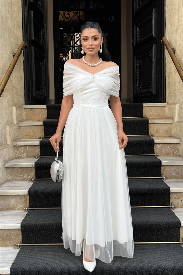 Tül Kumaş İnci Detaylı Midi Boy Elbise - BEYAZ