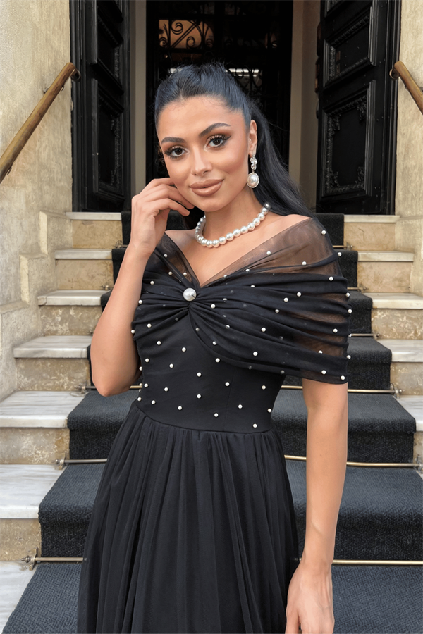 Tül Kumaş İnci Detaylı Midi Boy Elbise - SİYAH