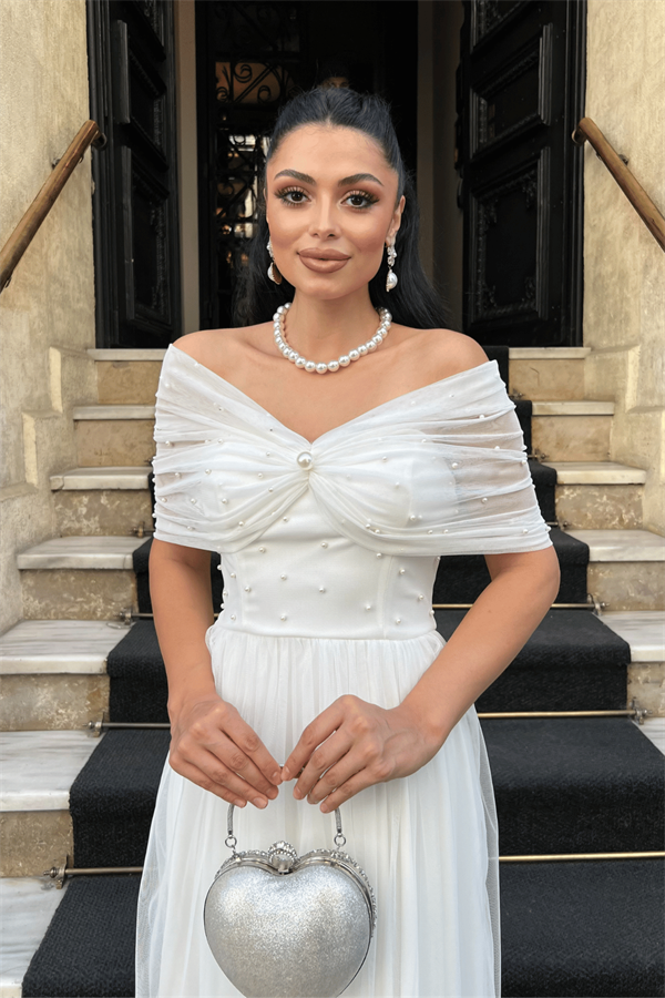 Tül Kumaş İnci Detaylı Midi Boy Elbise - BEYAZ