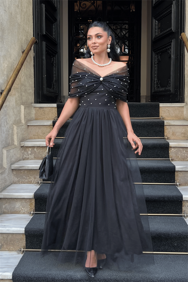 Tül Kumaş İnci Detaylı Midi Boy Elbise - SİYAH