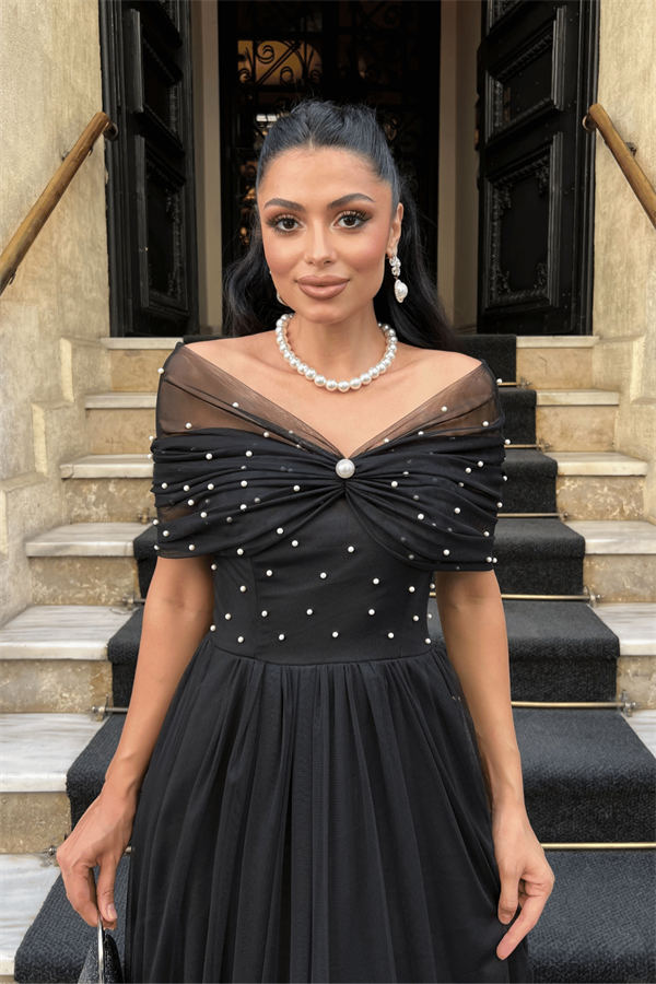 Tül Kumaş İnci Detaylı Midi Boy Elbise - SİYAH