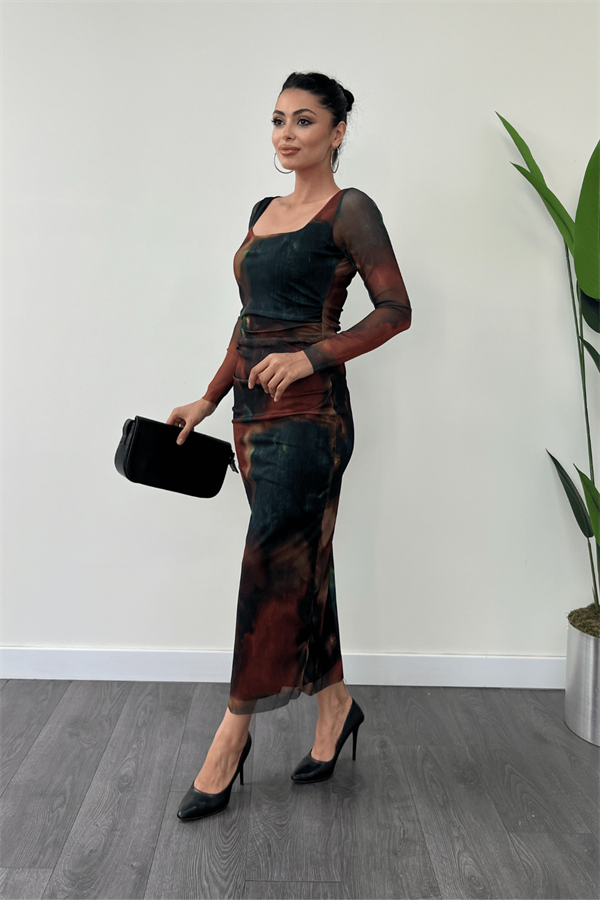 Tül Kumaş Kare Yaka Büzgü Detaylı Elbise - YEŞİL