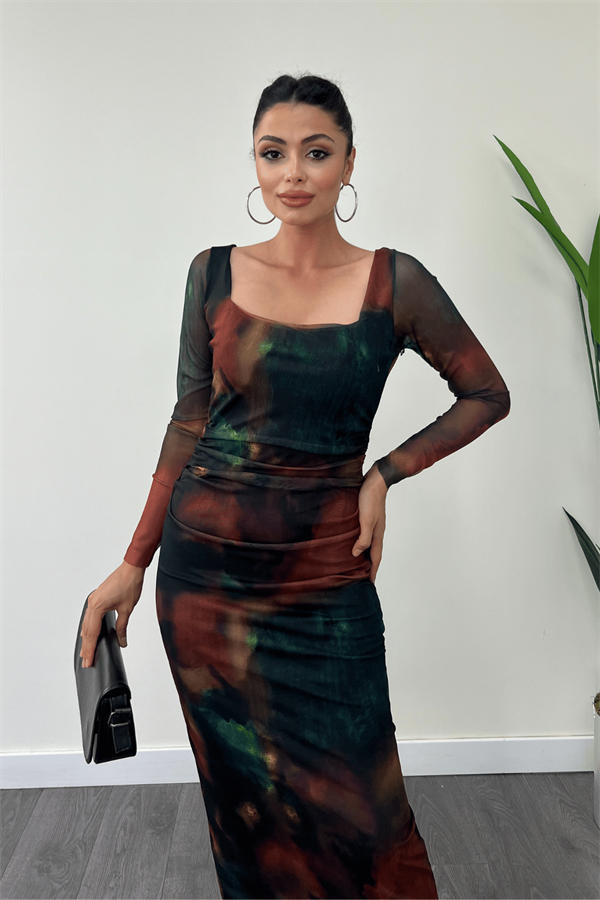 Tül Kumaş Kare Yaka Büzgü Detaylı Elbise - YEŞİL