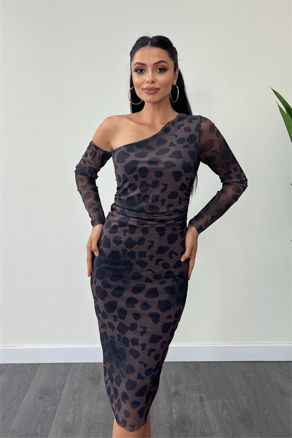 Tül Kumaş Kayık Yaka Kalem Elbise - KAHVERENGİ