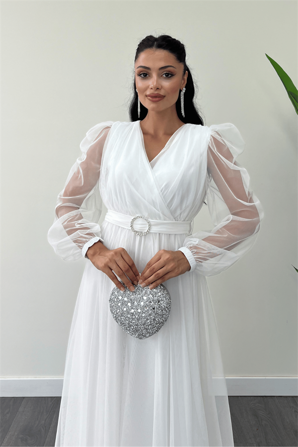 Tül Kumaş Kruvaze Yaka Maxi Elbise - BEYAZ