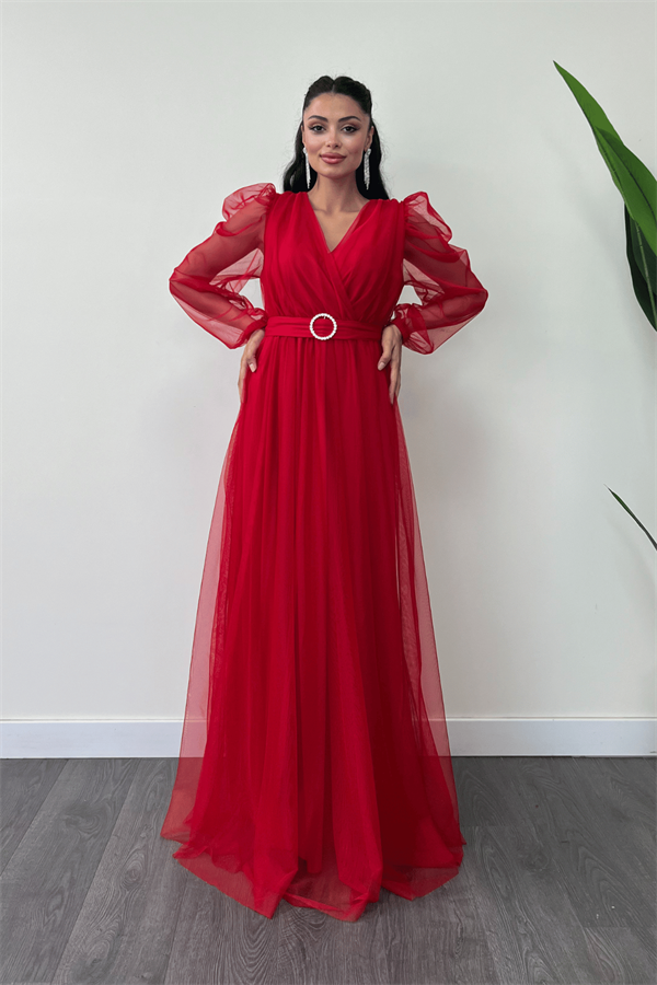 Tül Kumaş Kruvaze Yaka Maxi Elbise - KIRMIZI