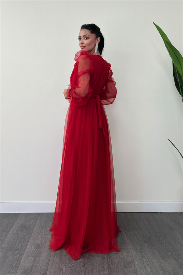 Tül Kumaş Kruvaze Yaka Maxi Elbise - KIRMIZI