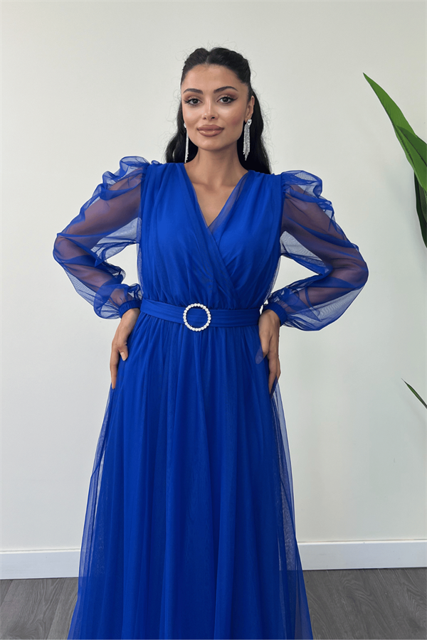 Tül Kumaş Kruvaze Yaka Maxi Elbise - SAKS MAVİ