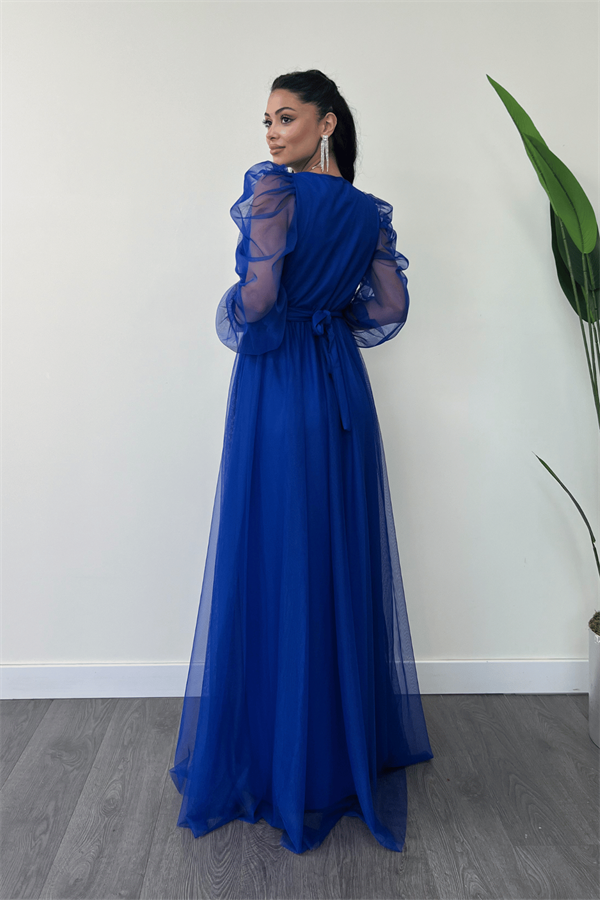 Tül Kumaş Kruvaze Yaka Maxi Elbise - SAKS MAVİ