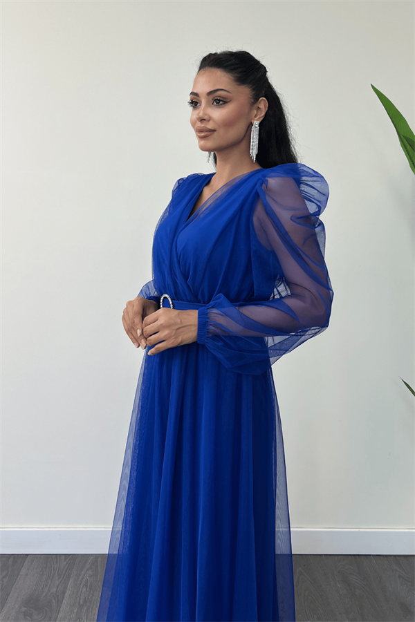 Tül Kumaş Kruvaze Yaka Maxi Elbise - SAKS MAVİ