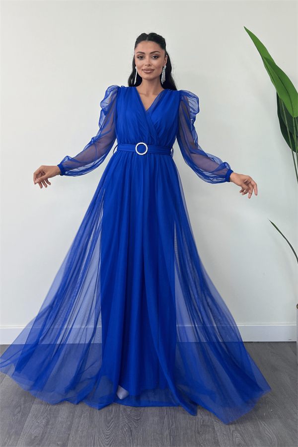 Tül Kumaş Kruvaze Yaka Maxi Elbise - SAKS MAVİ