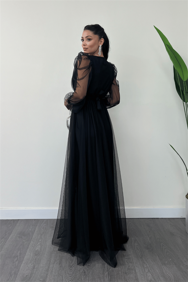 Tül Kumaş Kruvaze Yaka Maxi Elbise - SİYAH