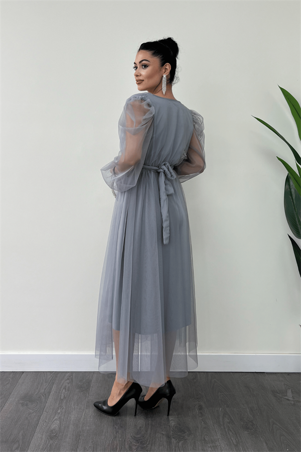 Tül Kumaş Kruvaze Yaka Taş Kemer Detaylı Elbise - GRİ