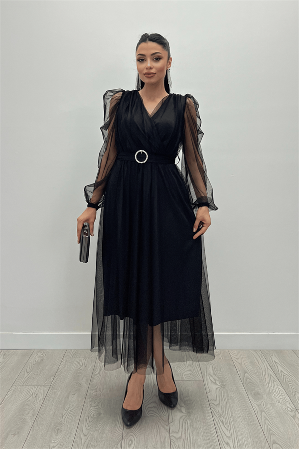 Tül Kumaş Kruvaze Yaka Taş Kemer Detaylı Elbise - SİYAH