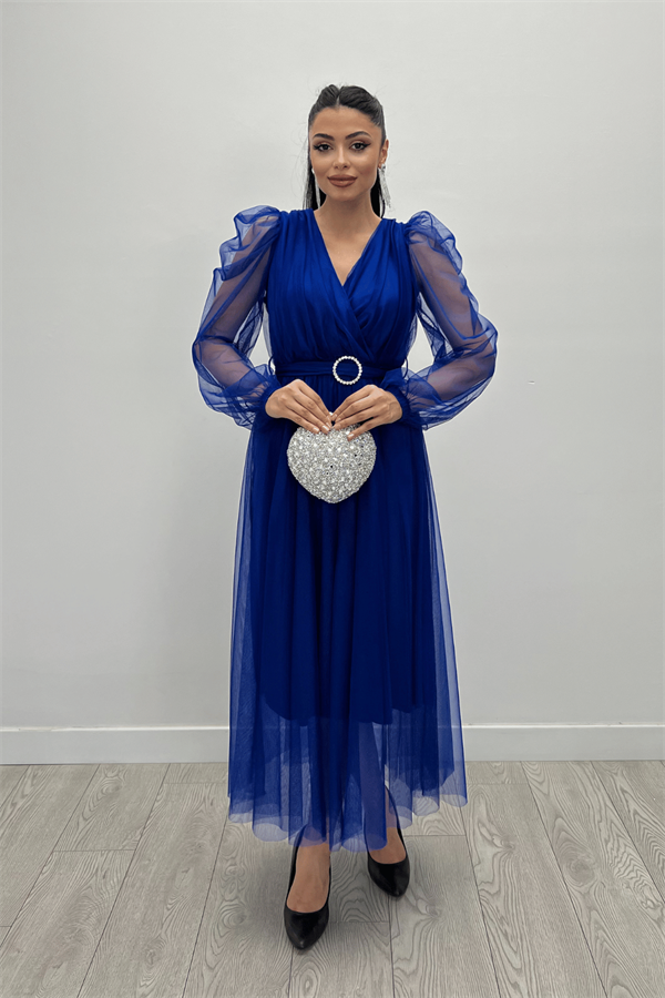 Tül Kumaş Kruvaze Yaka Taş Kemer Detaylı Elbise - SAKS MAVİ