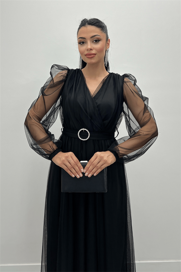 Tül Kumaş Kruvaze Yaka Taş Kemer Detaylı Elbise - SİYAH