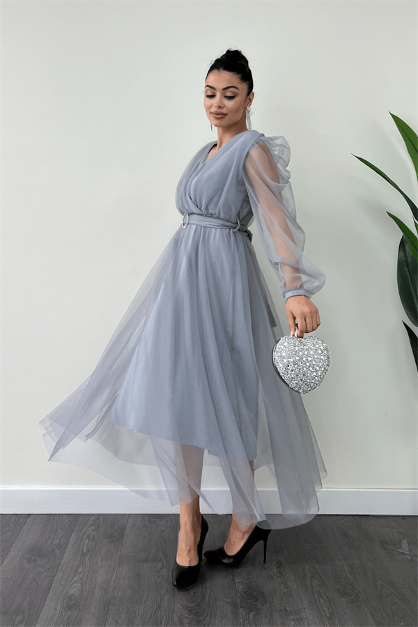 Tül Kumaş Kruvaze Yaka Taş Kemer Detaylı Elbise - GRİ