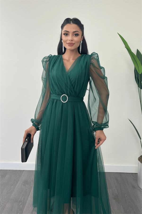 Tül Kumaş Kruvaze Yaka Taş Kemer Detaylı Elbise - ZÜMRÜT YEŞİL