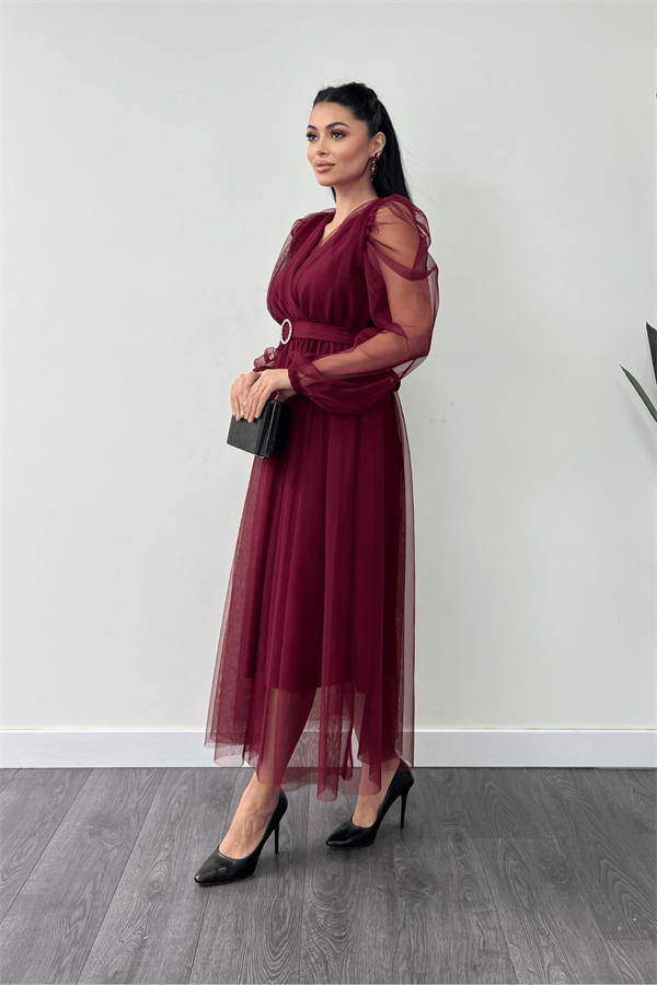 Tül Kumaş Kruvaze Yaka Taş Kemer Detaylı Elbise - BORDO