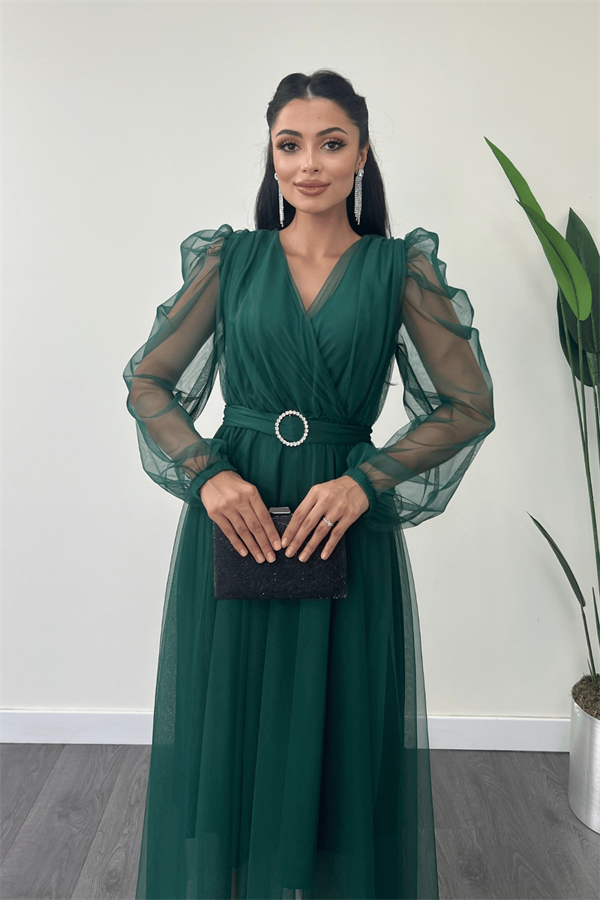 Tül Kumaş Kruvaze Yaka Taş Kemer Detaylı Elbise - ZÜMRÜT YEŞİL