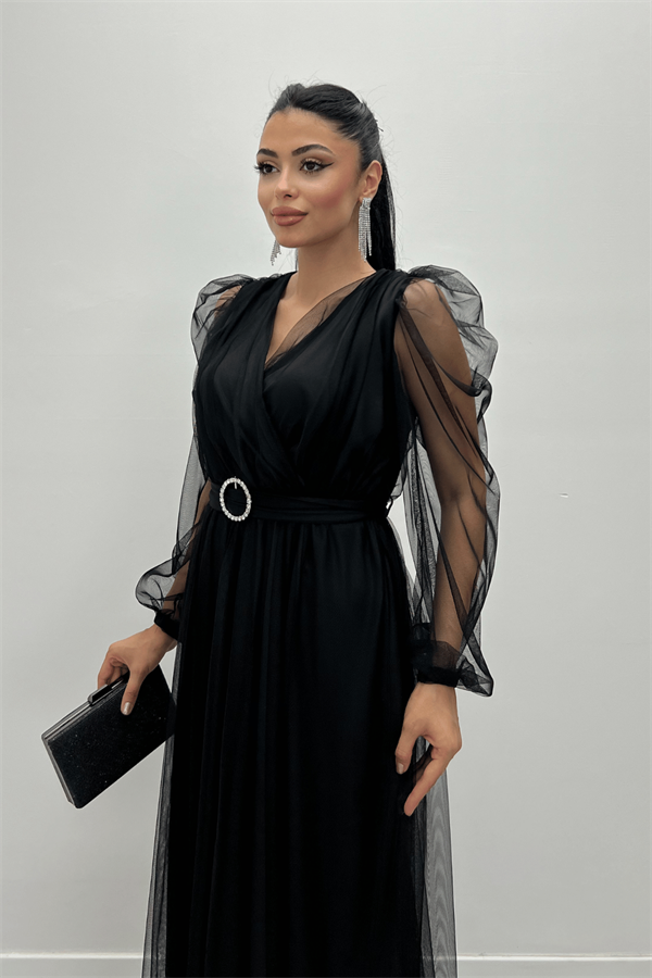 Tül Kumaş Kruvaze Yaka Taş Kemer Detaylı Elbise - SİYAH