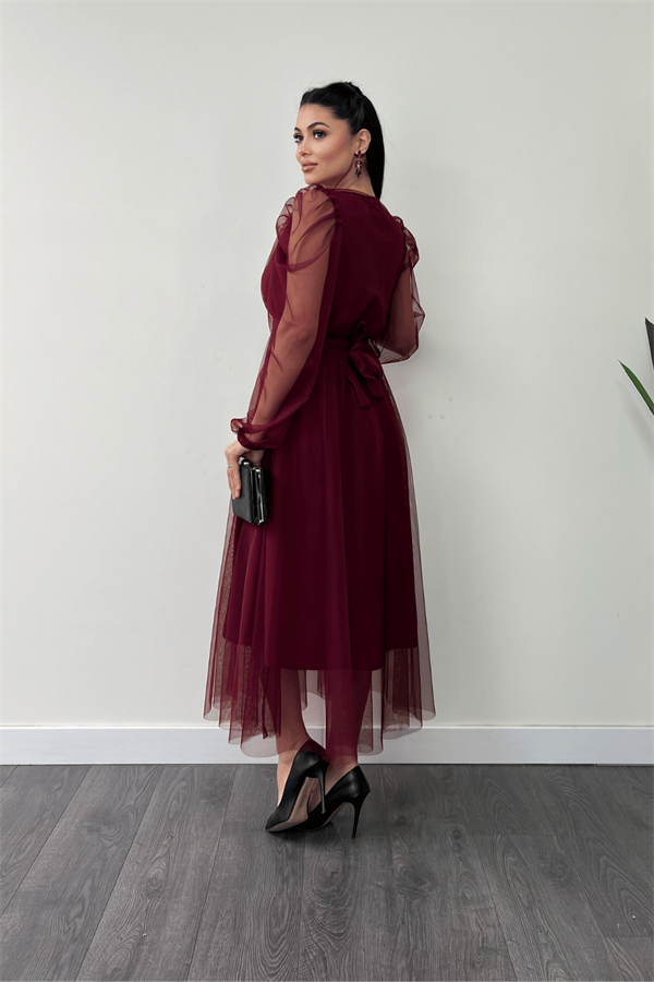 Tül Kumaş Kruvaze Yaka Taş Kemer Detaylı Elbise - BORDO