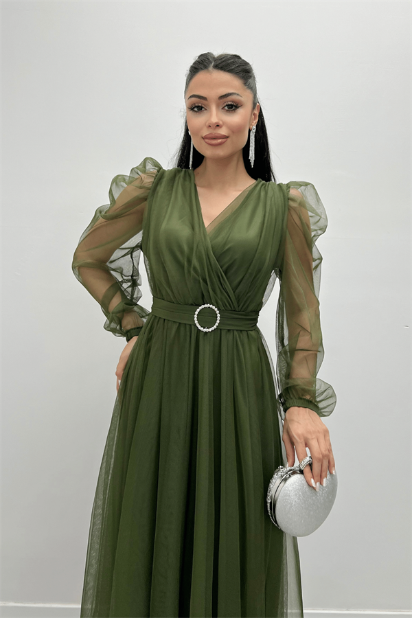 Tül Kumaş Kruvaze Yaka Taş Kemer Detaylı Elbise - HAKİ YEŞİLİ