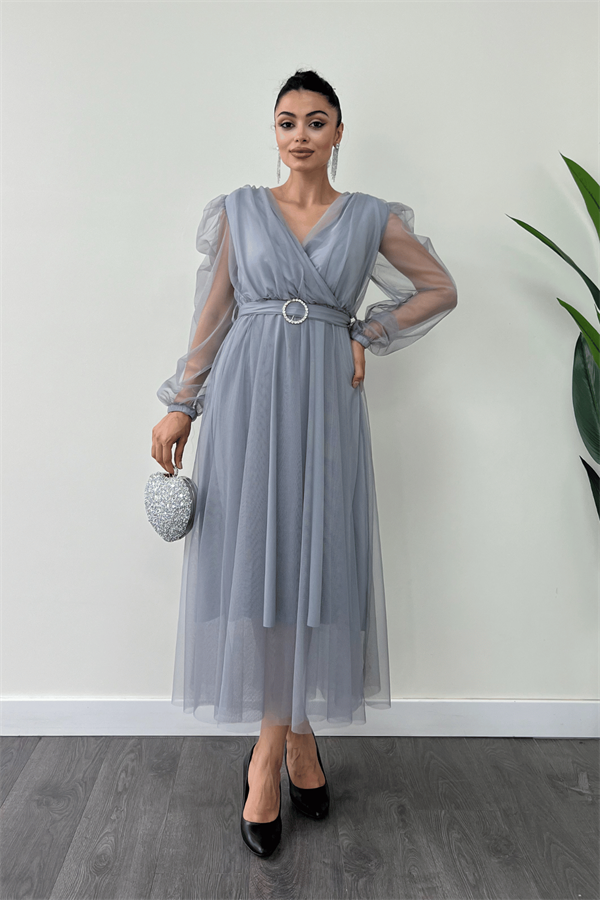 Tül Kumaş Kruvaze Yaka Taş Kemer Detaylı Elbise - GRİ