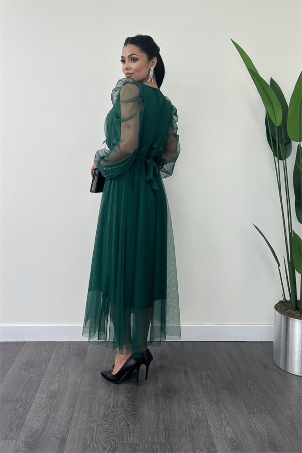 Tül Kumaş Kruvaze Yaka Taş Kemer Detaylı Elbise - ZÜMRÜT YEŞİL