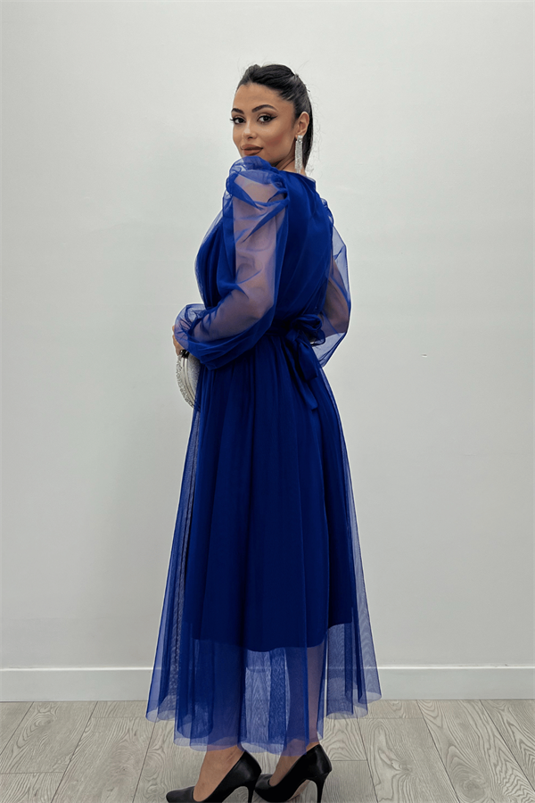 Tül Kumaş Kruvaze Yaka Taş Kemer Detaylı Elbise - SAKS MAVİ