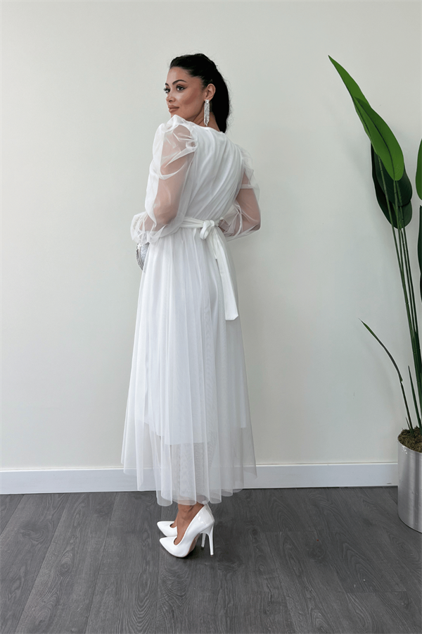 Tül Kumaş Kruvaze Yaka Taş Kemer Detaylı Elbise - BEYAZ