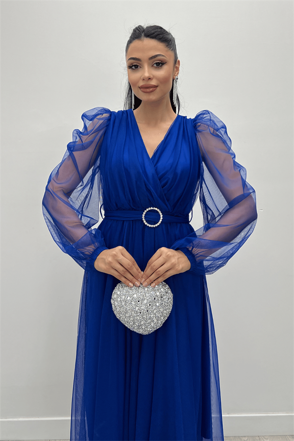 Tül Kumaş Kruvaze Yaka Taş Kemer Detaylı Elbise - SAKS MAVİ