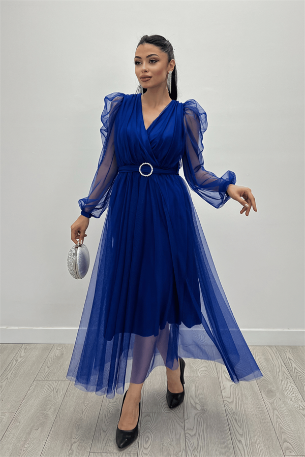 Tül Kumaş Kruvaze Yaka Taş Kemer Detaylı Elbise - SAKS MAVİ