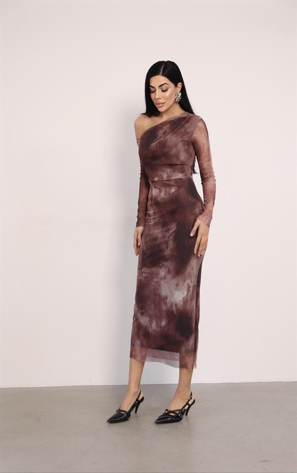 Tül Kumaş Omuz Detaylı Kalem Elbise - KAHVERENGİ