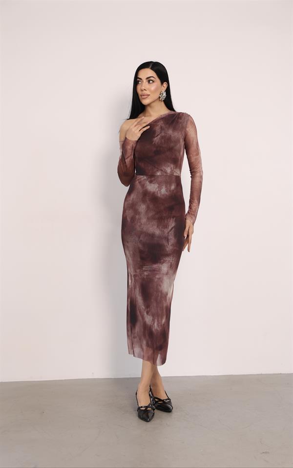 Tül Kumaş Omuz Detaylı Kalem Elbise - KAHVERENGİ