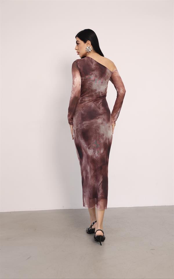 Tül Kumaş Omuz Detaylı Kalem Elbise - KAHVERENGİ