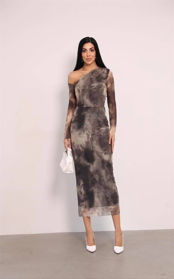 Tül Kumaş Omuz Detaylı Kalem Elbise - KREM