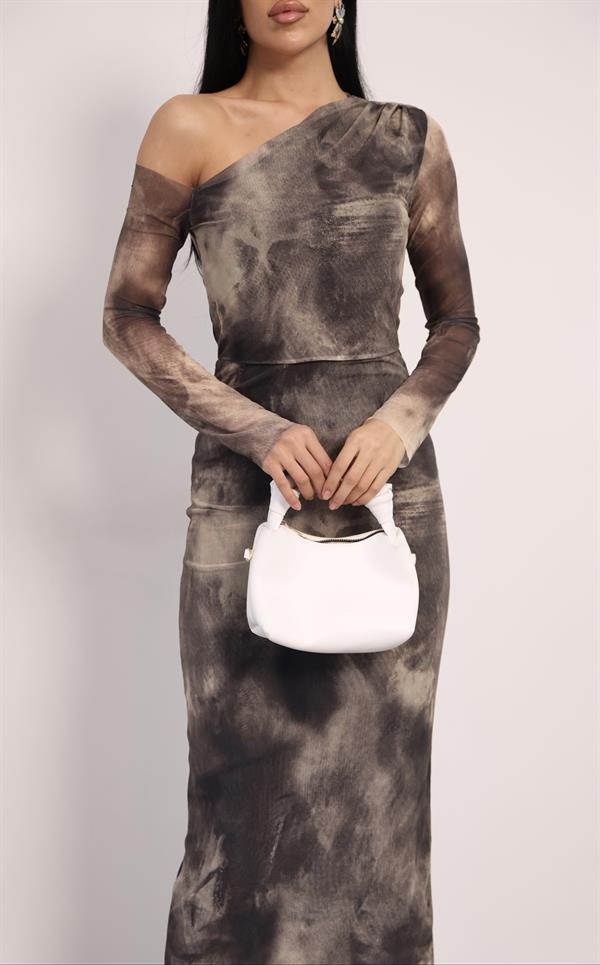 Tül Kumaş Omuz Detaylı Kalem Elbise - KREM