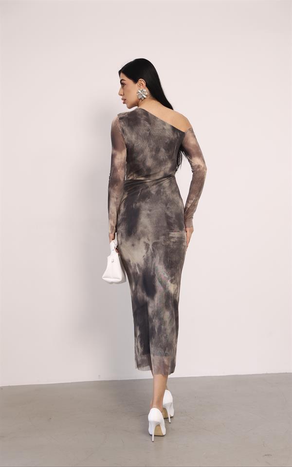 Tül Kumaş Omuz Detaylı Kalem Elbise - KREM