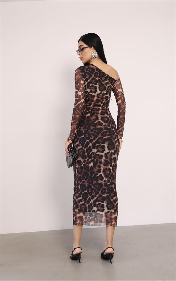 Tül Kumaş Omuz Detaylı Kalem Elbise - LEOPAR