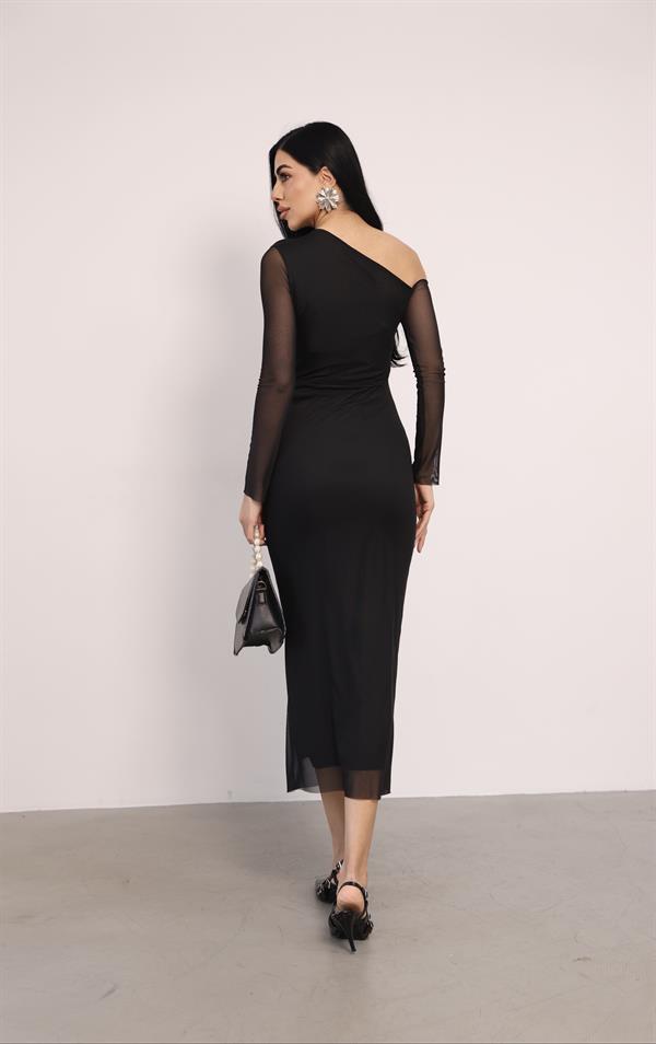 Tül Kumaş Omuz Detaylı Kalem Elbise - SİYAH