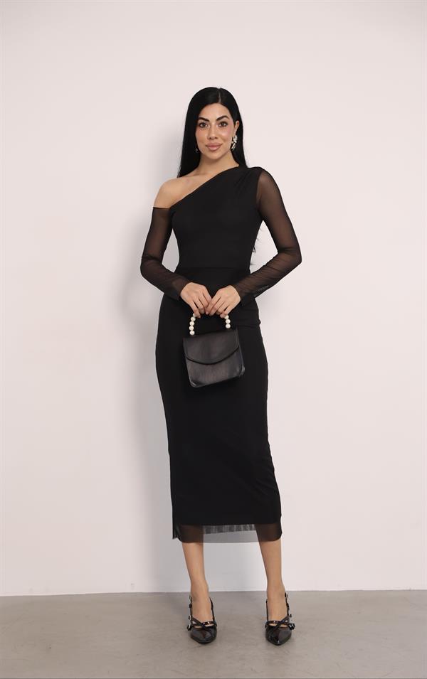 Tül Kumaş Omuz Detaylı Kalem Elbise - SİYAH