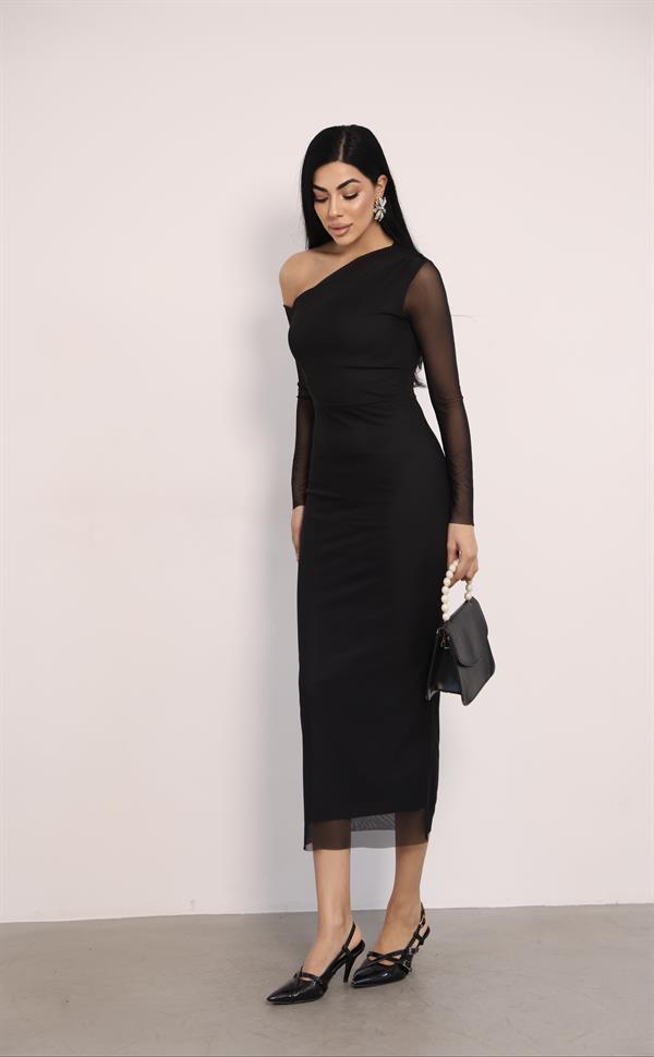 Tül Kumaş Omuz Detaylı Kalem Elbise - SİYAH