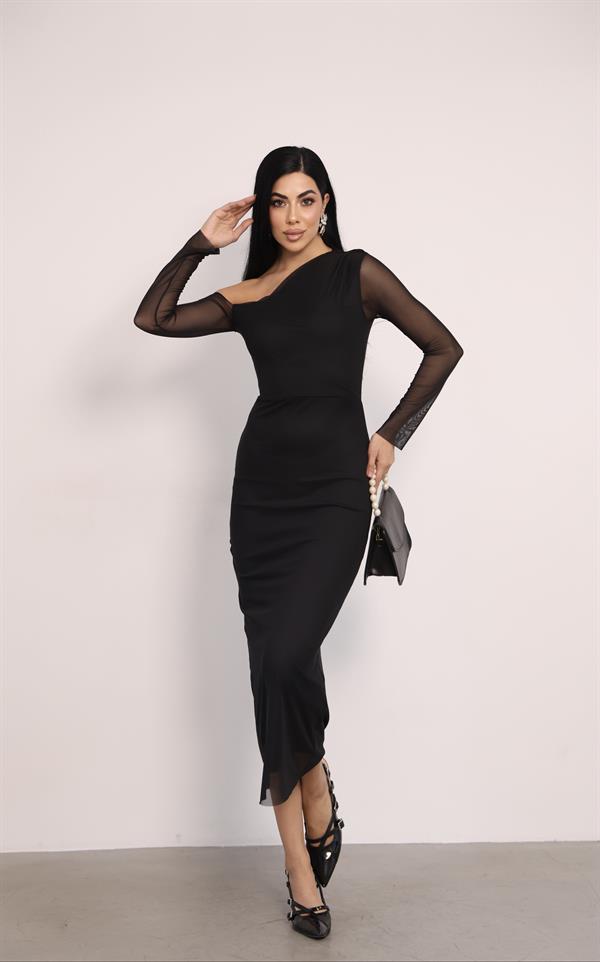 Tül Kumaş Omuz Detaylı Kalem Elbise - SİYAH