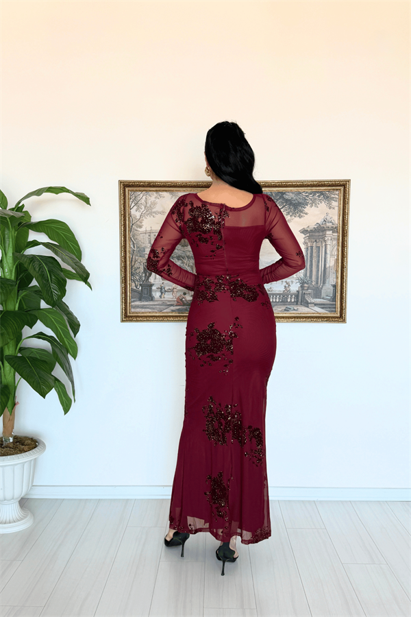 Tül Kumaş Simli Önden Bağlamalı Tasarım Elbise - BORDO